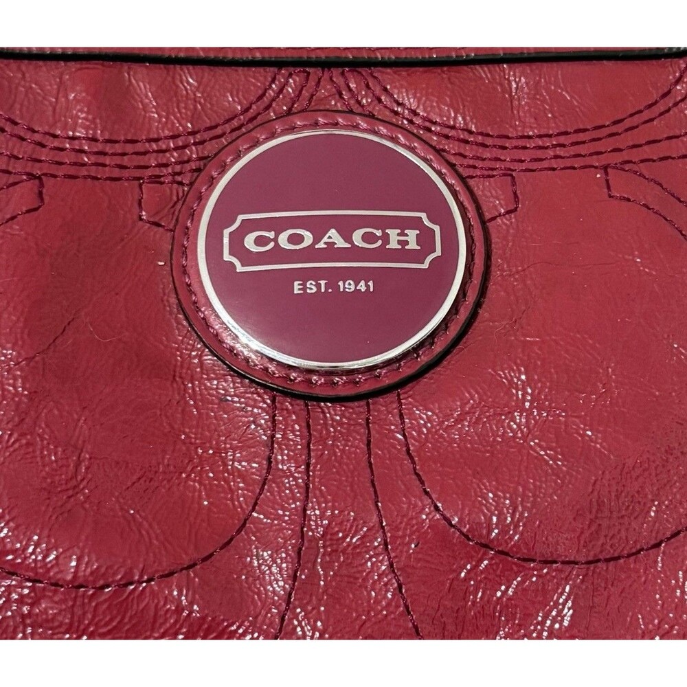 Coach Berry Pink Patent Leather Stitched C Signature Stripe Shoulder Bag. - Picture 6 of 16